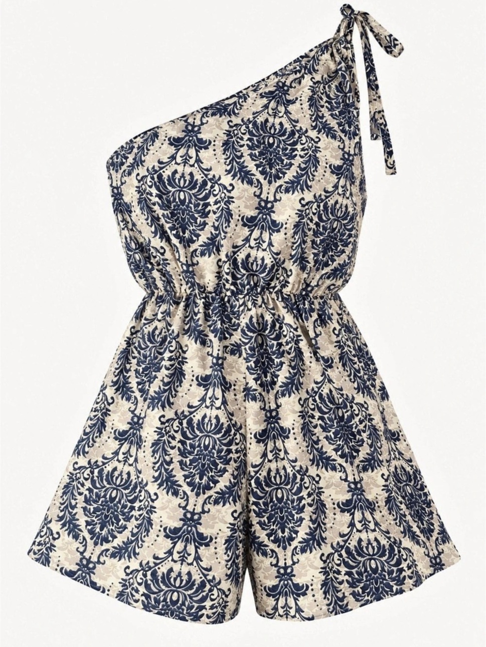 Retro Stage XXL Navy Cream Damask One Shoulder Romper